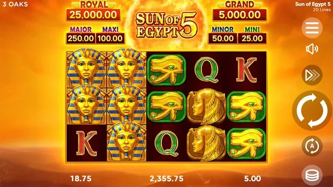 Sun of Egypt 5 — asosiy oʻyin ekrani, 5x3 toʻr va jekpot paneli