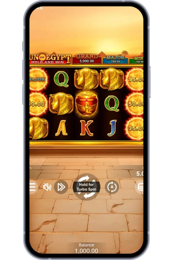 Sun of Egypt 5 mobil versiyasi — smartfon ekranida Hold and Win